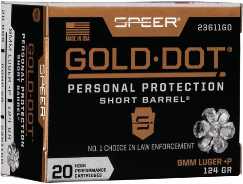 A23611GD.jpg SPEER GOLD DOT SHORT BBL 9MM - LUGER +P 124GR GDHP 20RD 10B/C