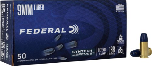AS9SJT2.jpg FEDERAL SYNTHETIC DEFENSE 9MM - LUGER 138GR SJHP 50RD 10BX/CS