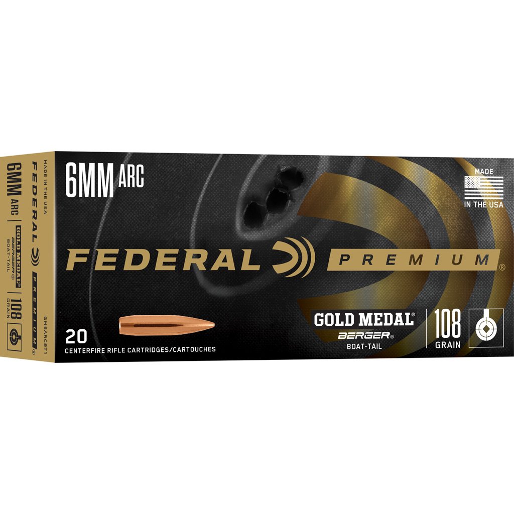 1102699_1.jpg Federal Premium Gold Medal Rifle Ammo 6mm ARC 108 gr. Berger Boat-Tail 20 rd.