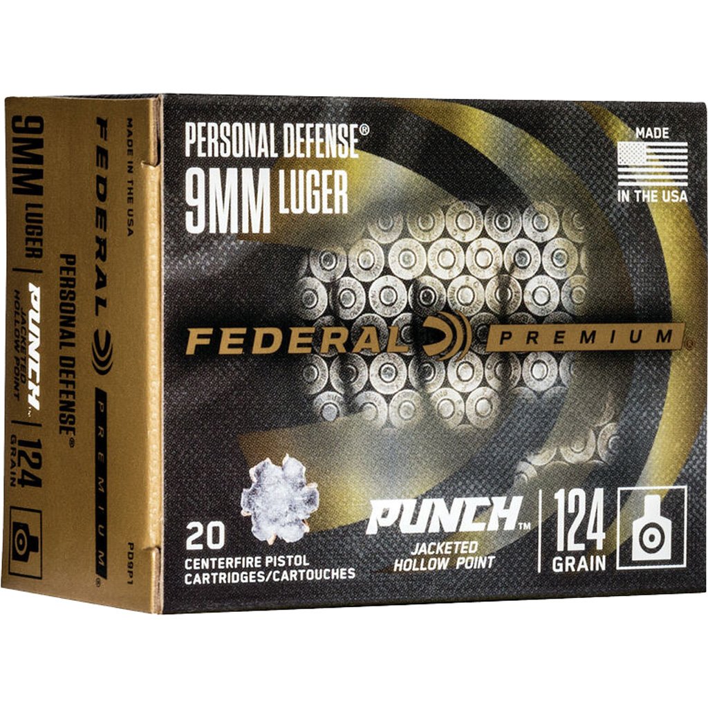 1705701_1.jpg Federal Premium Punch Pistol Ammo 9mm 124 gr. JHP 20 rd.