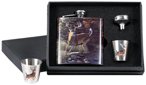 RIVERS EDGE POCKET FLASK WITH - 2 SHOT GLASSES WHITETAIL DEER