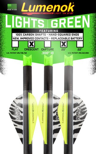 LUMENOK XBOW ARROW 20" CARBON - GRN LIGHTED CRESCENT NOCK 3PK