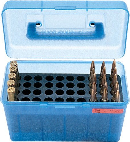 MTM DELUXE AMMO BOX 50-ROUNDS - RIFLE 7MM RM TO 300 WM CLR BLU