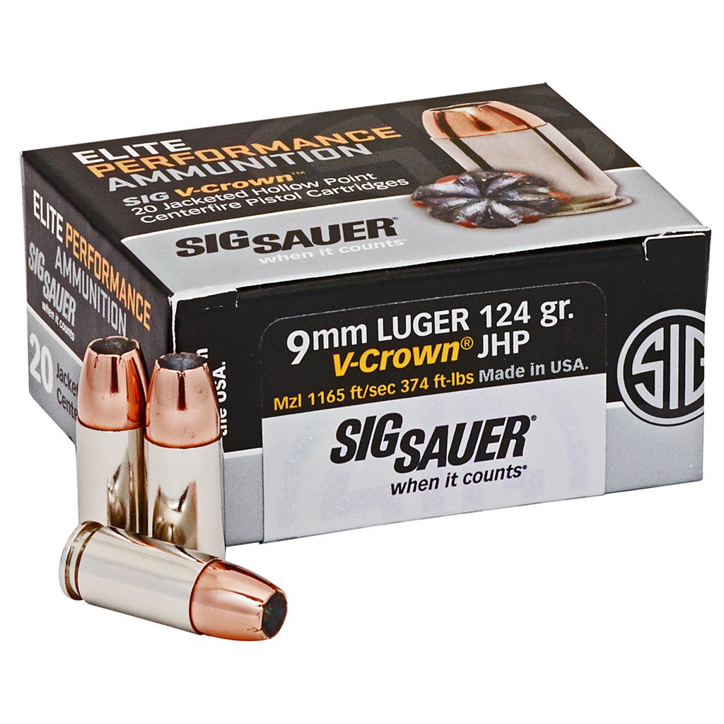 Sig Sauer Elite V-Crown Performance Pistol Ammo 9mm 124 gr. JHP 20 rd.