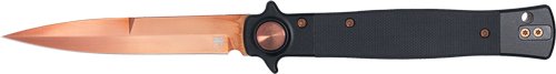 CTSTLBLG10BLKRS.jpg COBRATEC STILETTO 4" ROSE GOLD - BLADE BLACK G-10 BUTTON LOCK