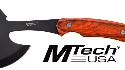 MC MTECH 9" TOMAHAWK W/SHEATH - 3" BLACK BLADE PAKKAWOOD HNDL